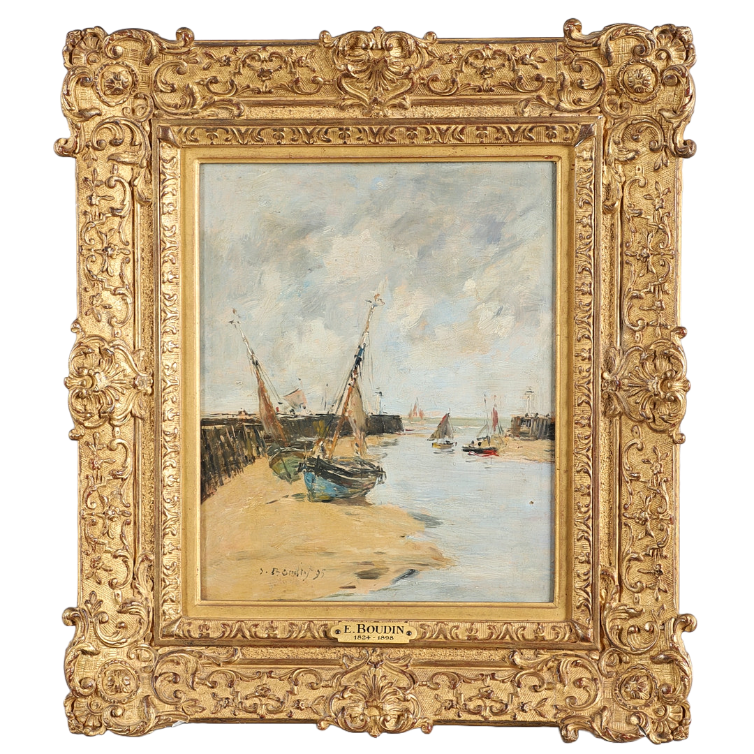EUGENE BOUDIN (1824-1898). MARINE, TROUVILLE, LES JETEES, MAREE BASSE.