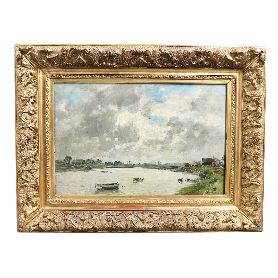 EUGENE BOUDIN (1824-1898). LES BORDS DE LA TOUQUE, CIEL NUAGEUX.