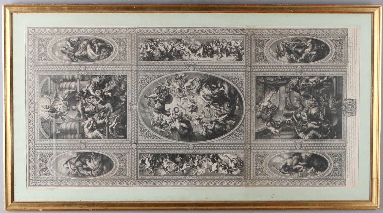 GRAVYR, 3 sammandfogade delar, efter Peter Paul Rubens takmålning i Whitehall Palace, graverad av Simon Gribelin, 1700-tal.