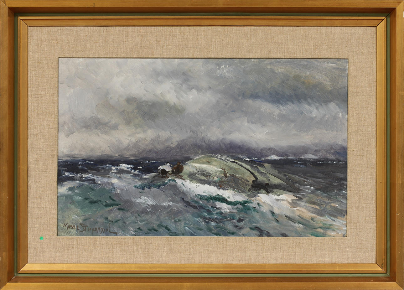 MOSSE STOOPENDAAL. Vågor mot klippor med andpar i förgrunden. olja på duk, sign.