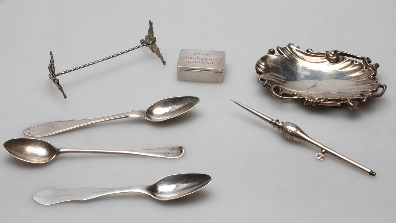 PARTI SILVER, sju delar, 1800-1900-tal, vikt ca 125 gram.