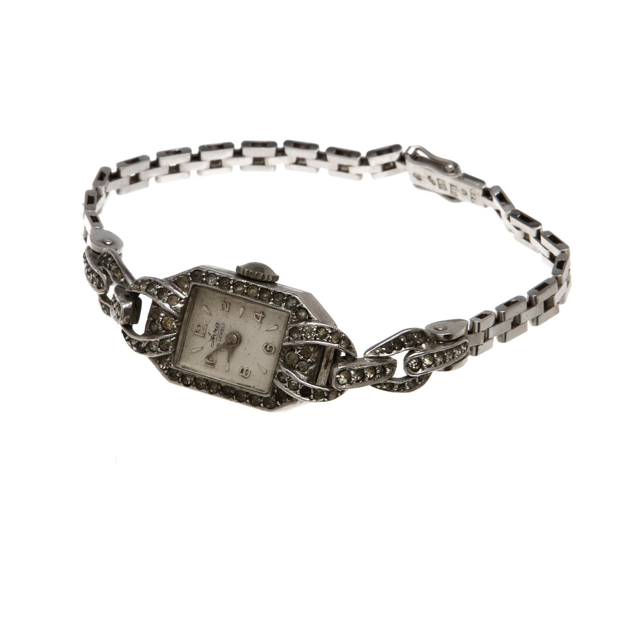 DAMARMBANDSUR, stål samt 18K vitguld med glasfluss, Art Deco, Avia. Totalvikt 23,2 g.