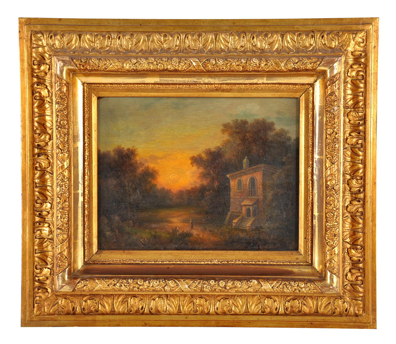 ROMANTIKER-GEMÄLDE. Solnedgång framför ett kapell med person.