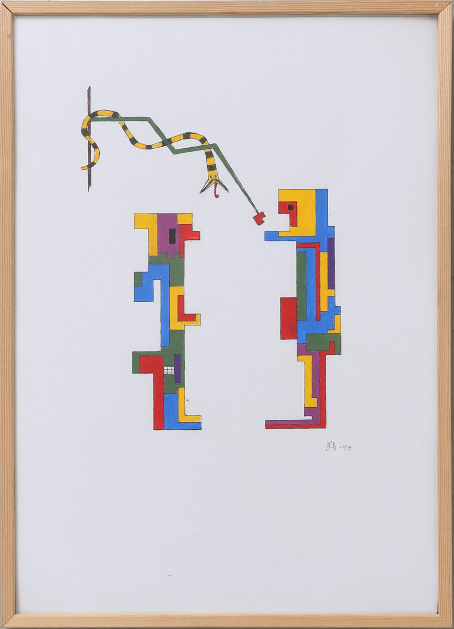 OIDENTIFIERAD KONSTNÄR. Adam och Eva, blandteknik, monogramsignatur samt datering -98.