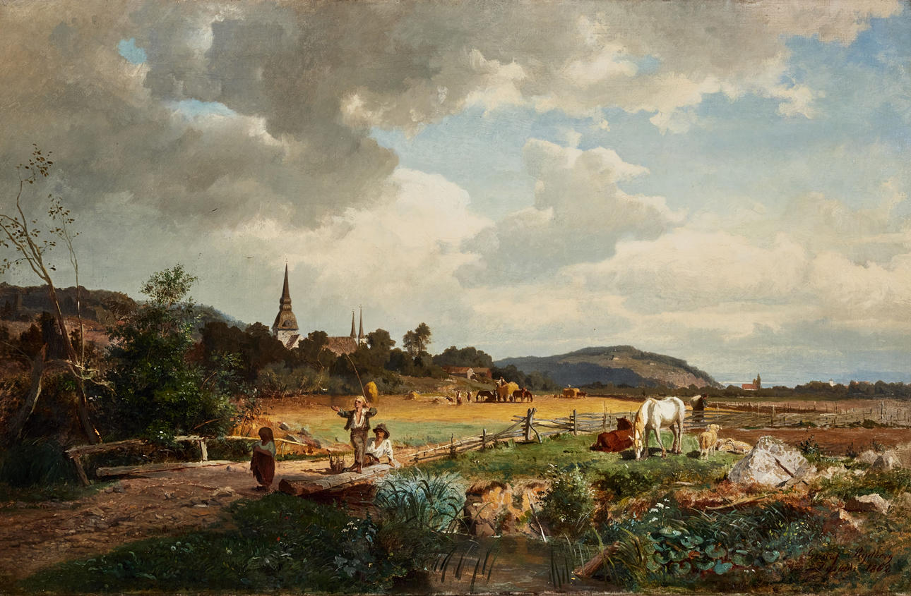 GUSTAF RYDBERG. Landskap med figurer och djur. Konst - Måleri - Auctionet