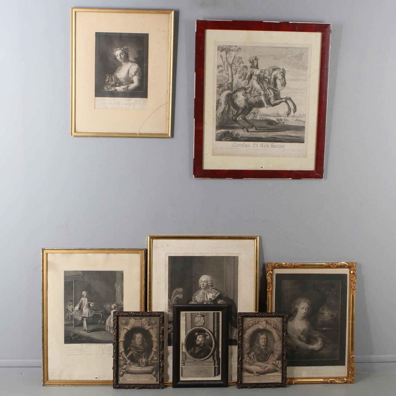 ÄLDRE GRAVYER, 8 st, mestadels porträtt, bla. Karl Xi, 16-1800-tal.