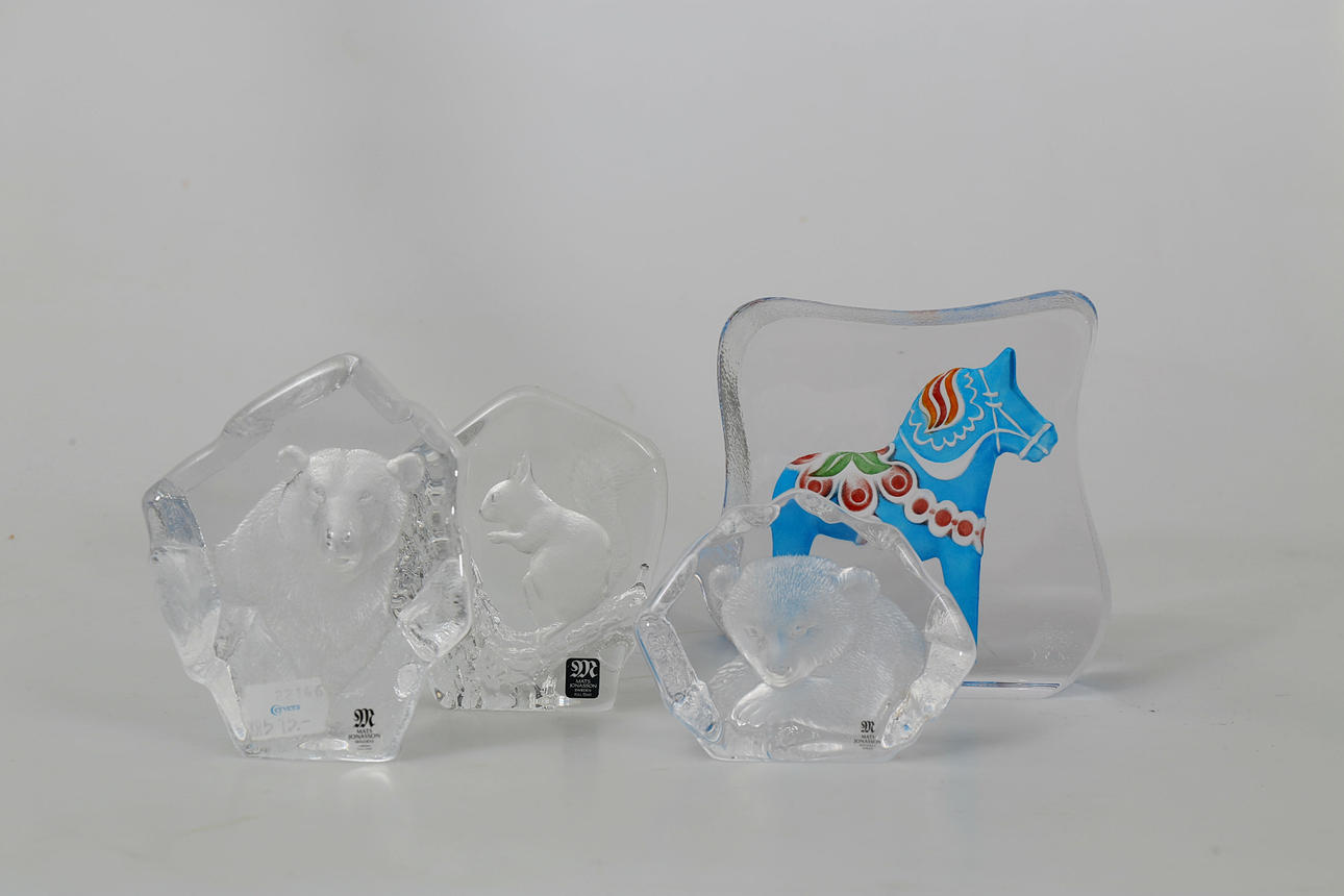 MATS JONASSON. Skulpturer, glas, 4 stycken, Målerås, signerade.