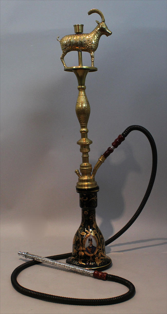 Persisk vattenpipa, i mässing och glas, 1930-tal.