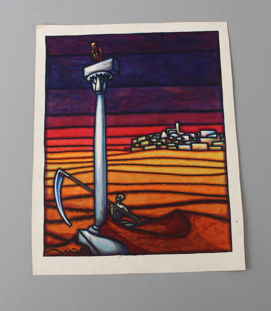 URIEL BIRNBAUM. Liemannen och monument, blandteknik, signerad.