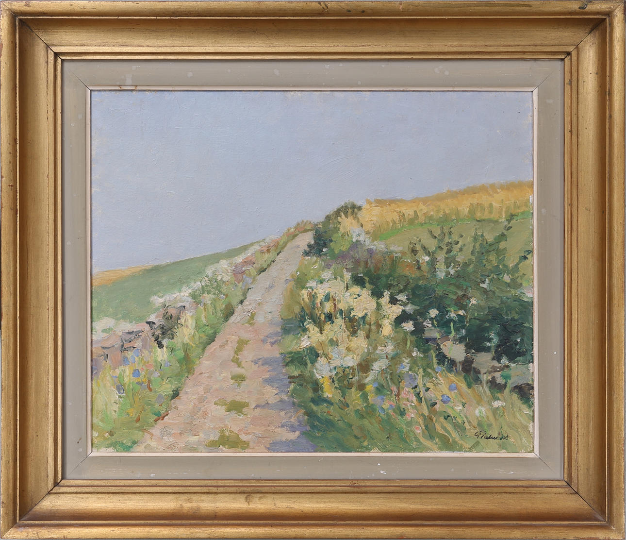 GÖSTA PALM. "Kråketorpsbacken, Ölands Skogsby", olja på pannå, signerad "G Palm-48", 1948.