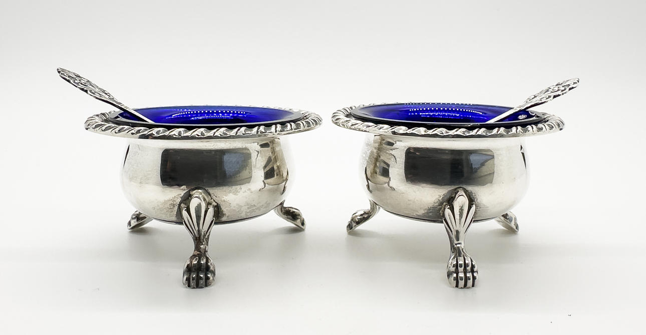 SALTVESSELS & SPOONS, a pair, silver, glass.