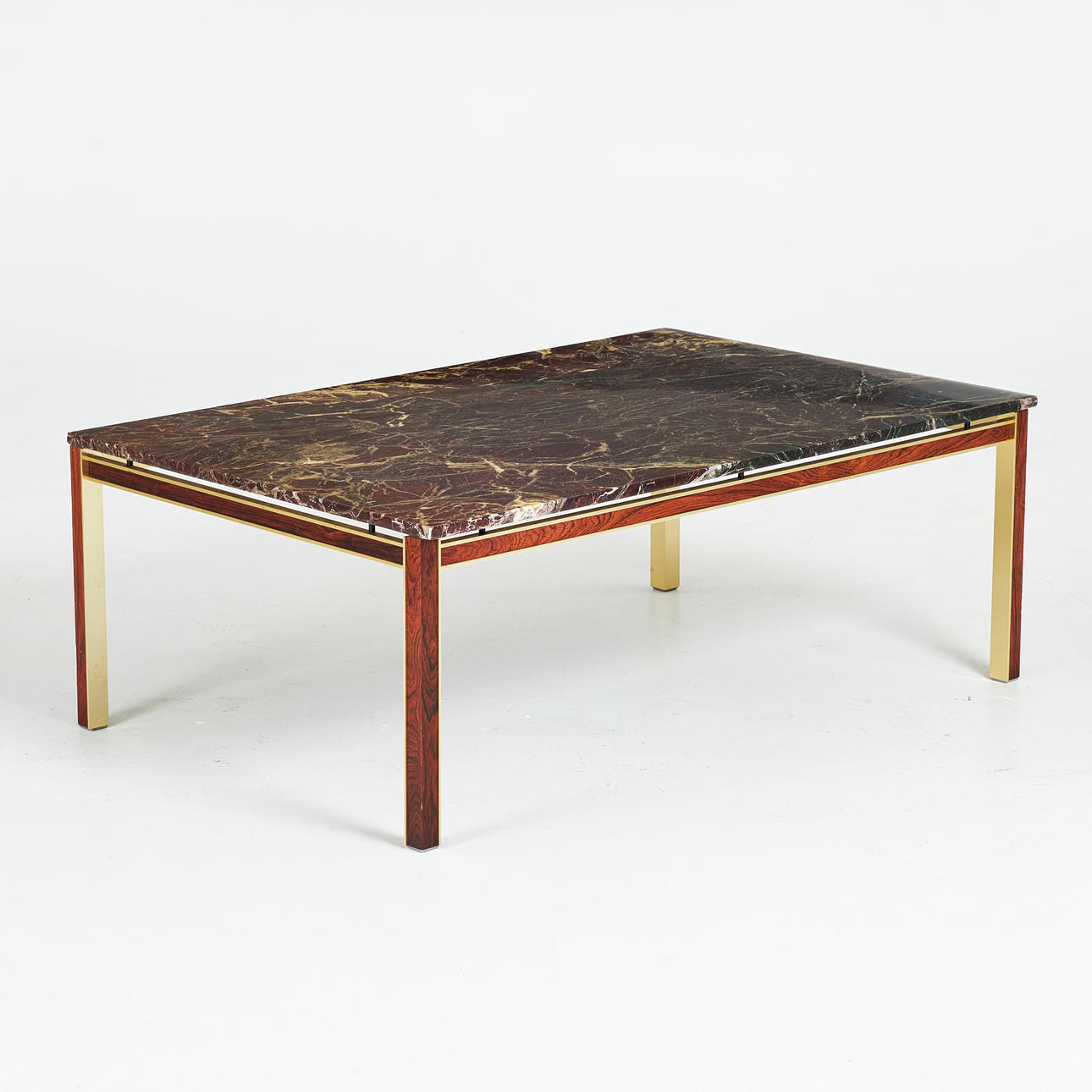 COFFEE TABLE, stone top, baseboard in jacaranda and brass, with label Bendixen Design, Danish Design.