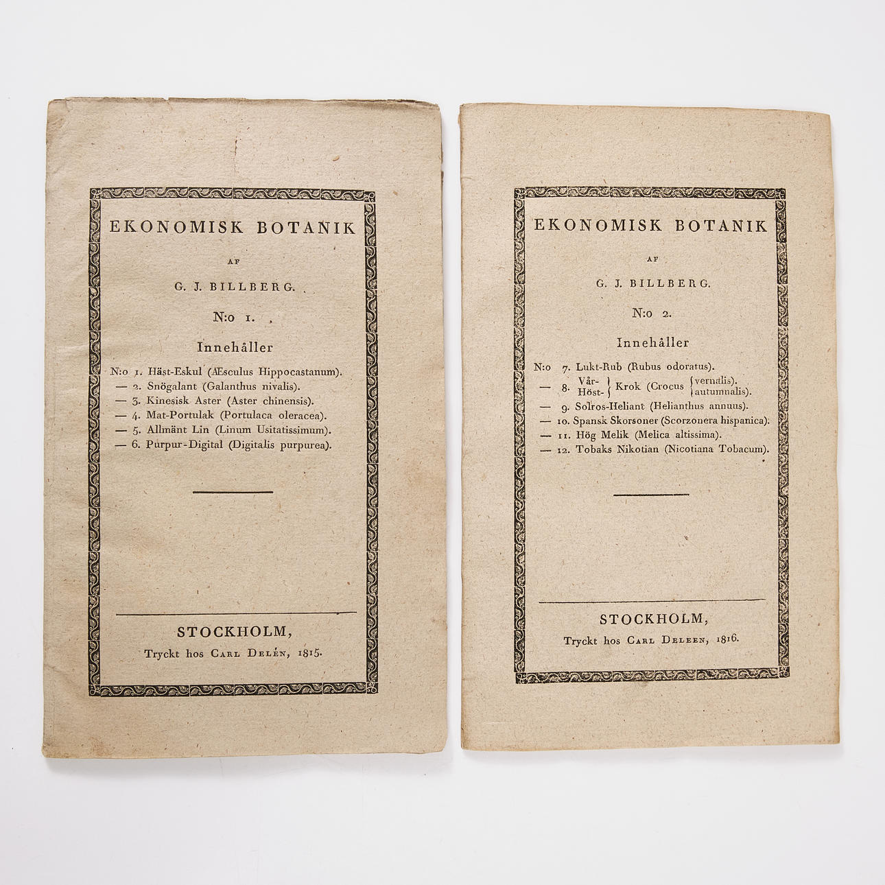 BILLBERGS EKONOMISK BOTANIK 1815-1816, 2 HÄFTEN.