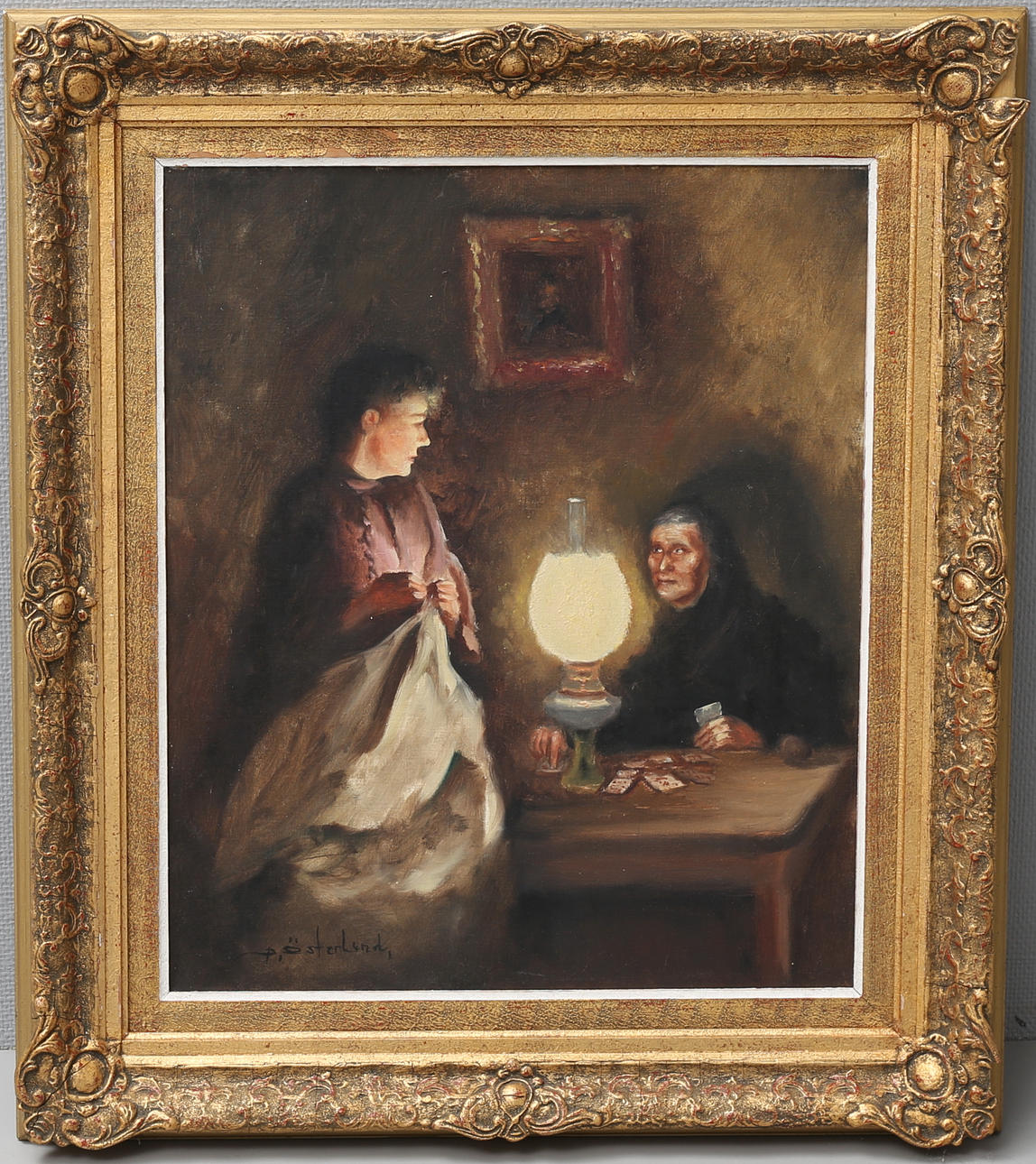 BERT ÖSTERLUND. Interiör med dam och spåkvinna, olja på duk, signerad.