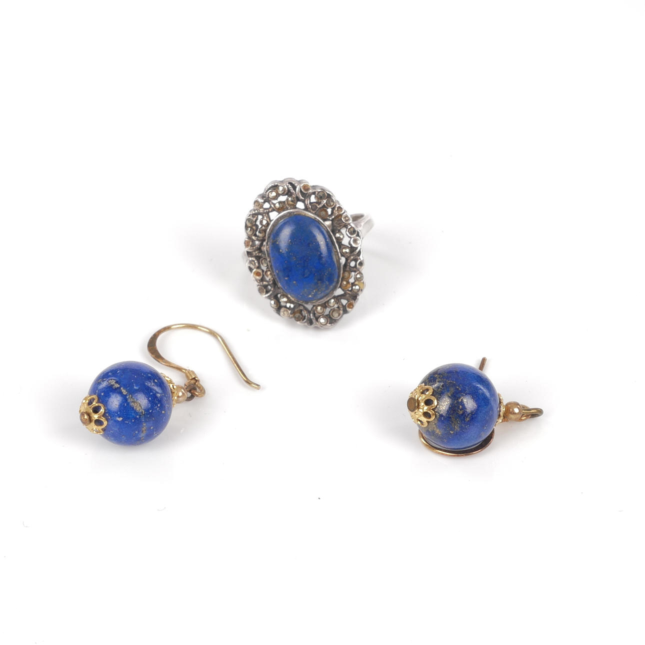 EARRINGS AND RING, silver, stones lapis lazuli.