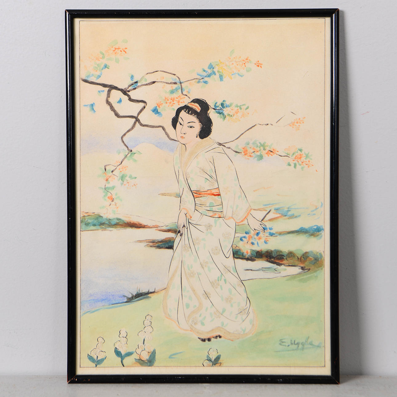 EVALD UGGLA. Geisha, acuarela, firmada.
