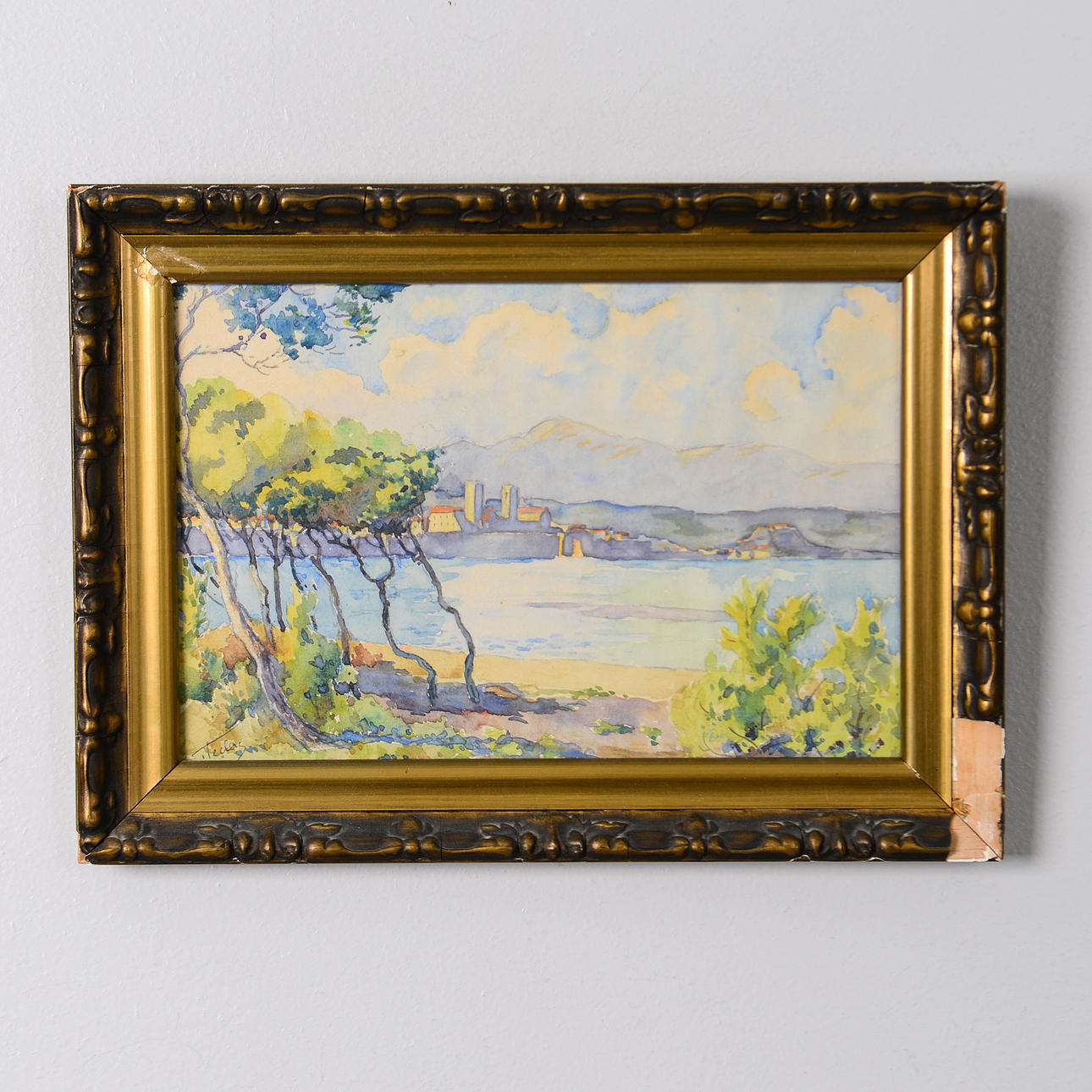 OIDENTIFIERAD KONSTNÄR. Landscape with city, watercolour, signed, probably 19th century.