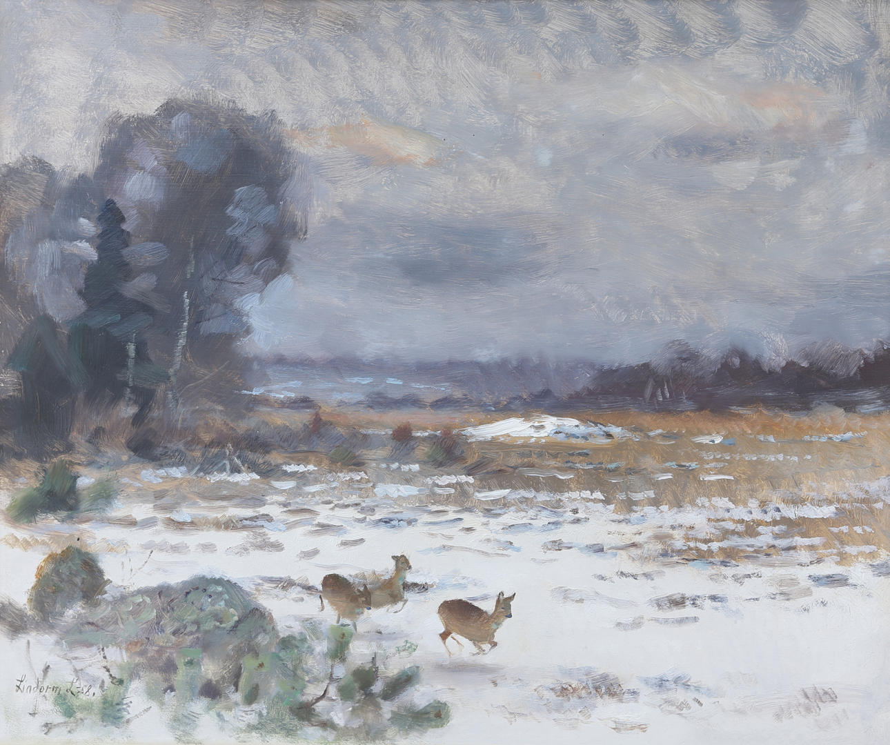 LINDORM LILJEFORS. Rådjur i vinterlandskap, olja på pannå, signerad "Lindorm L.-58.", 1958.