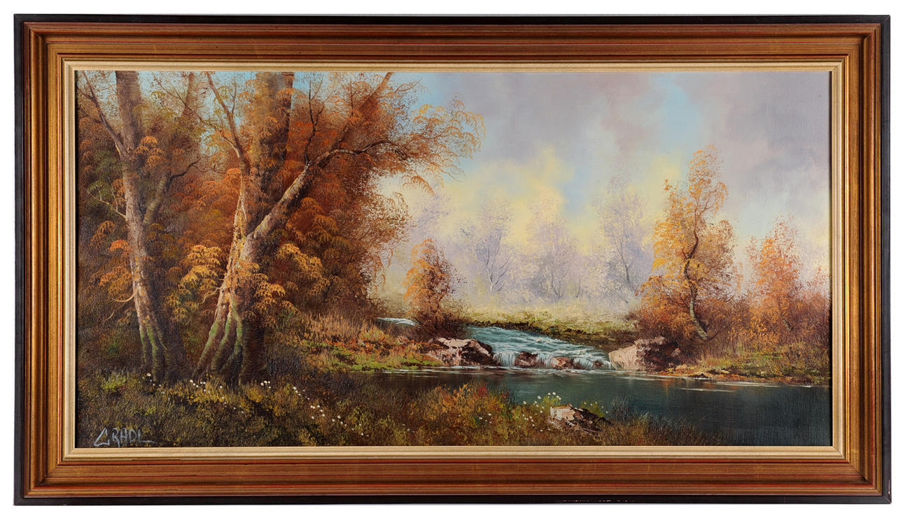 SIGNIERT C. RADL. En bit skog med en bäck som rinner ut i en sjö.