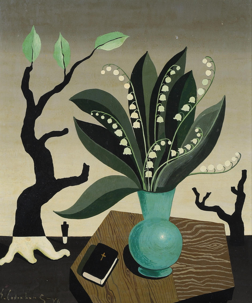 ERIC CEDERBERG. Tempera auf Holz, Stillleben mit Maiglöckchen, signiert, datiert -46.