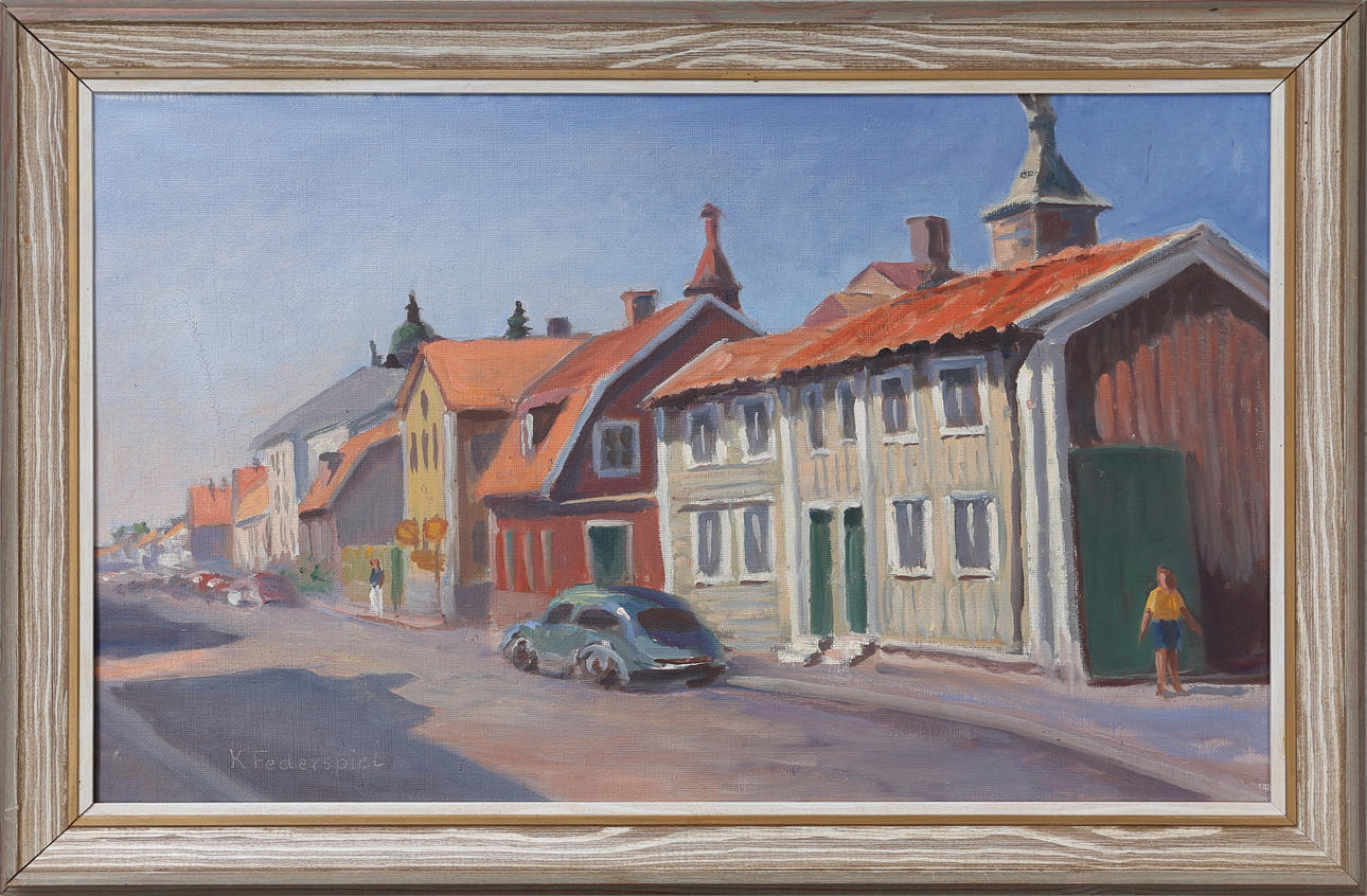 KAI FEDERSPIEL. Motiv från Storgatan i Kalmar, olja på duk, signerad, 1900-talets senare hälft.