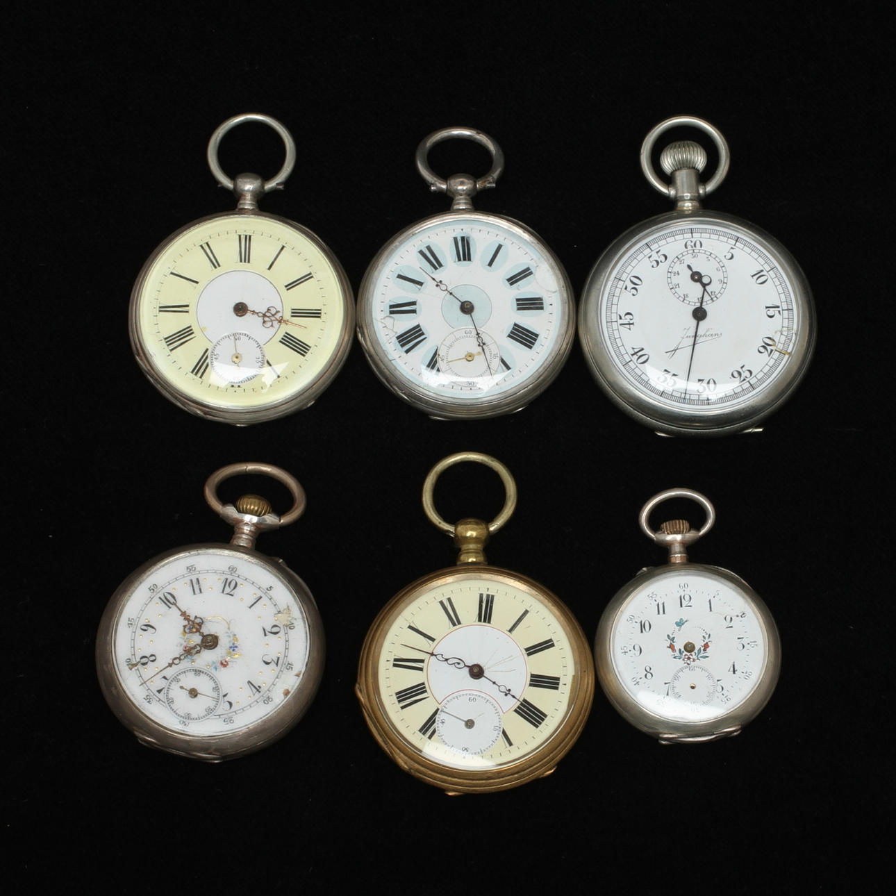 FICKUR, 6 st, bland annat Junghans, delvis nyckeldragare, emaljerade urtavlor delvis med bemålning, 1800/1900-tal.