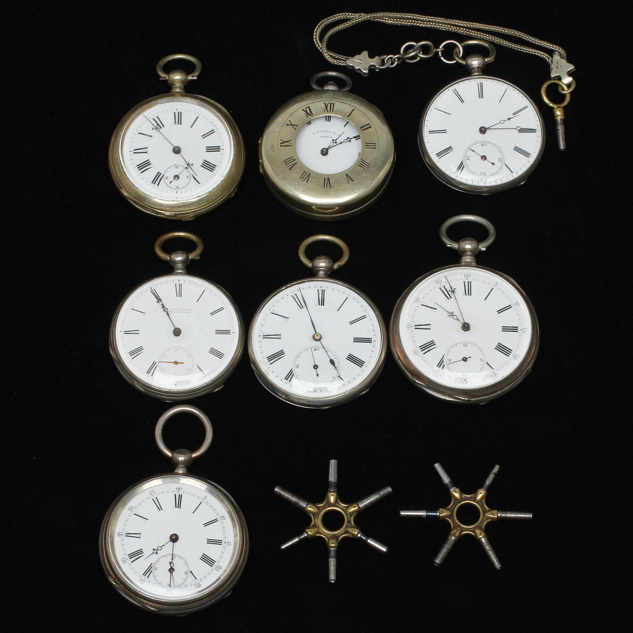 FICKUR, 7 st, nyckeldragare, bland annat märkta Fr Auerbach Heilbronn samt A Mathey & Cie, boetter delvis av silver, 1800-tal.