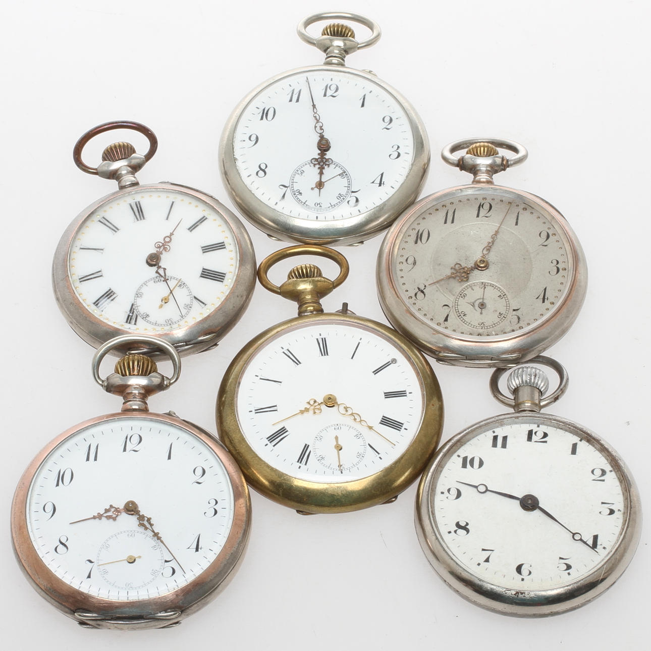 FICKUR, 6 st, ett urverk märkt Inventic W. Co Swiss, boetter delvis av silver, 1800/1900-tal.