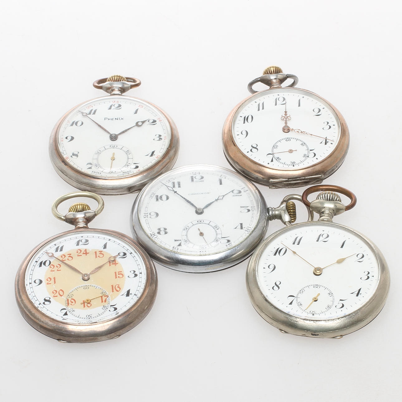 FICKUR, 5 st, bland annat Phenix, Chromos samt urverk märkt G.T, emaljerade urtavlor, boetter delvis av silver, 1800/1900-tal.