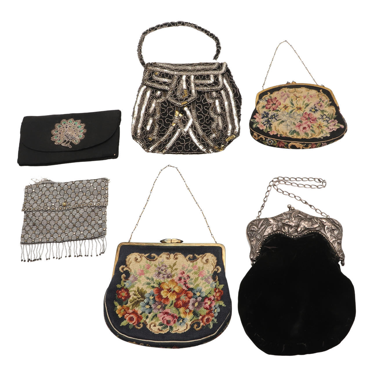 EDWARDIAN SILVER MOUNTED EVENING BAG & OTHER BAGS.