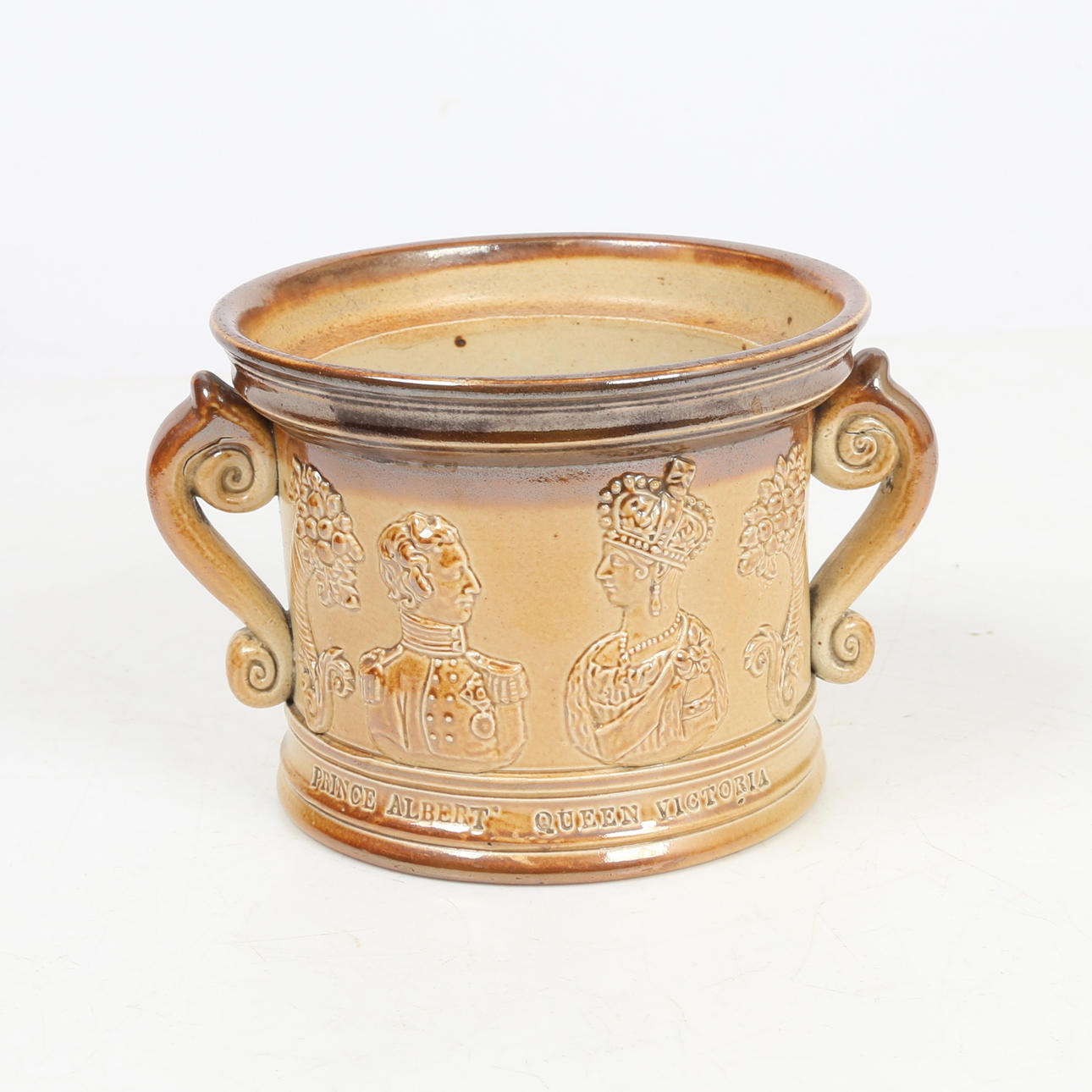 A VICTORIAN STONEWARE TWIN HANDLED COMMEMORATION POT.