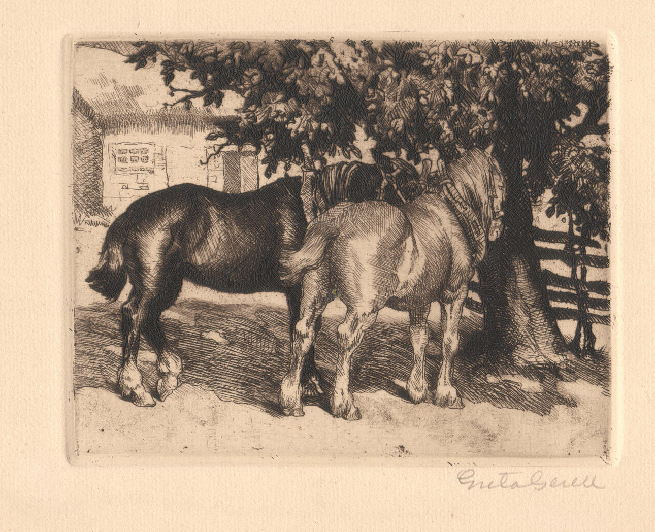GRETA GERELL. Två hästar under ett träd.