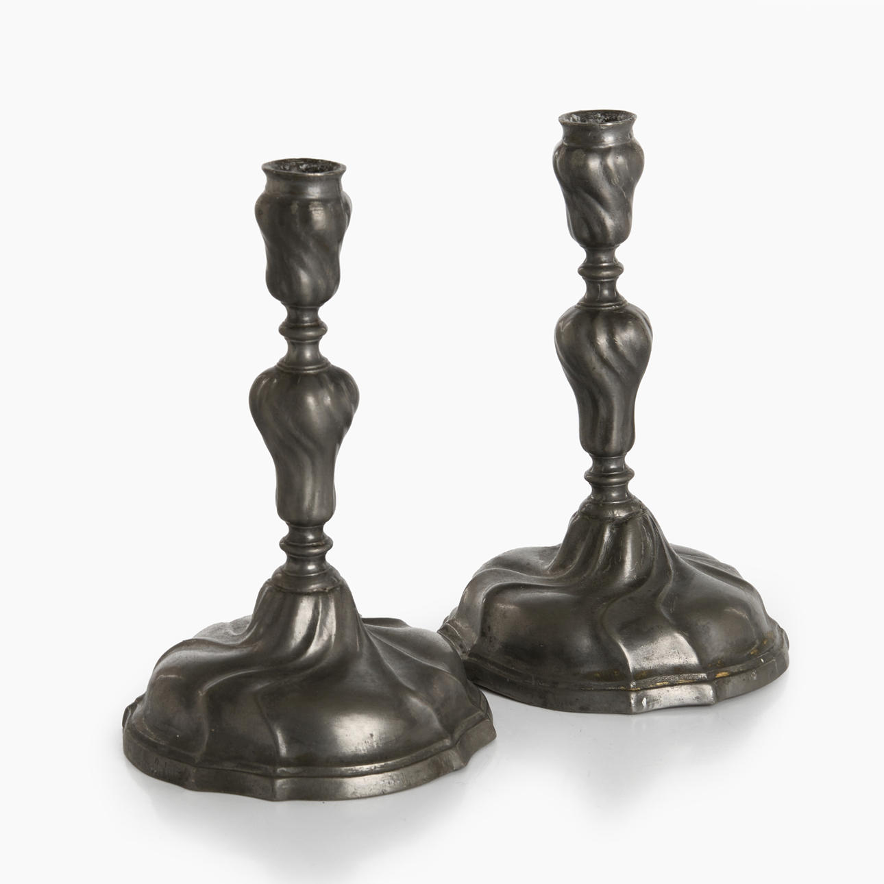 Candlesticks, a pair, pewter, Rococo, England or Denmark.