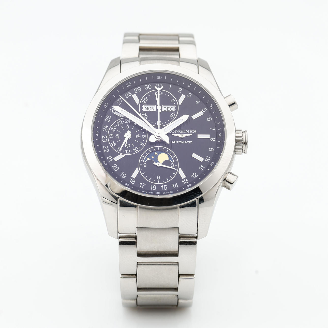 LONGINES CONQUEST CLASSIC, Wristwatch, steel, automatic assignment, date, day, calendar moon phase, chronograph with minute counter and hour counter, 2005.