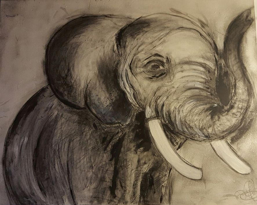 OKÄND KONSTNÄR. "kleiner Elefant" Kol och akryl på duk.