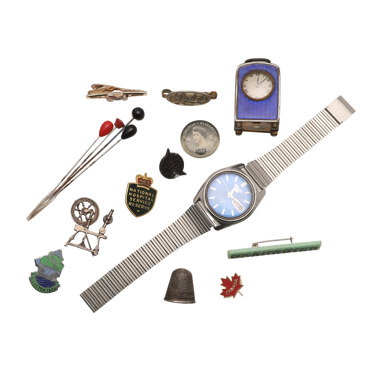 MINIATURE GERMAN ENAMEL CARRIAGE CLOCK & VARIOUS COLLECTABLES.