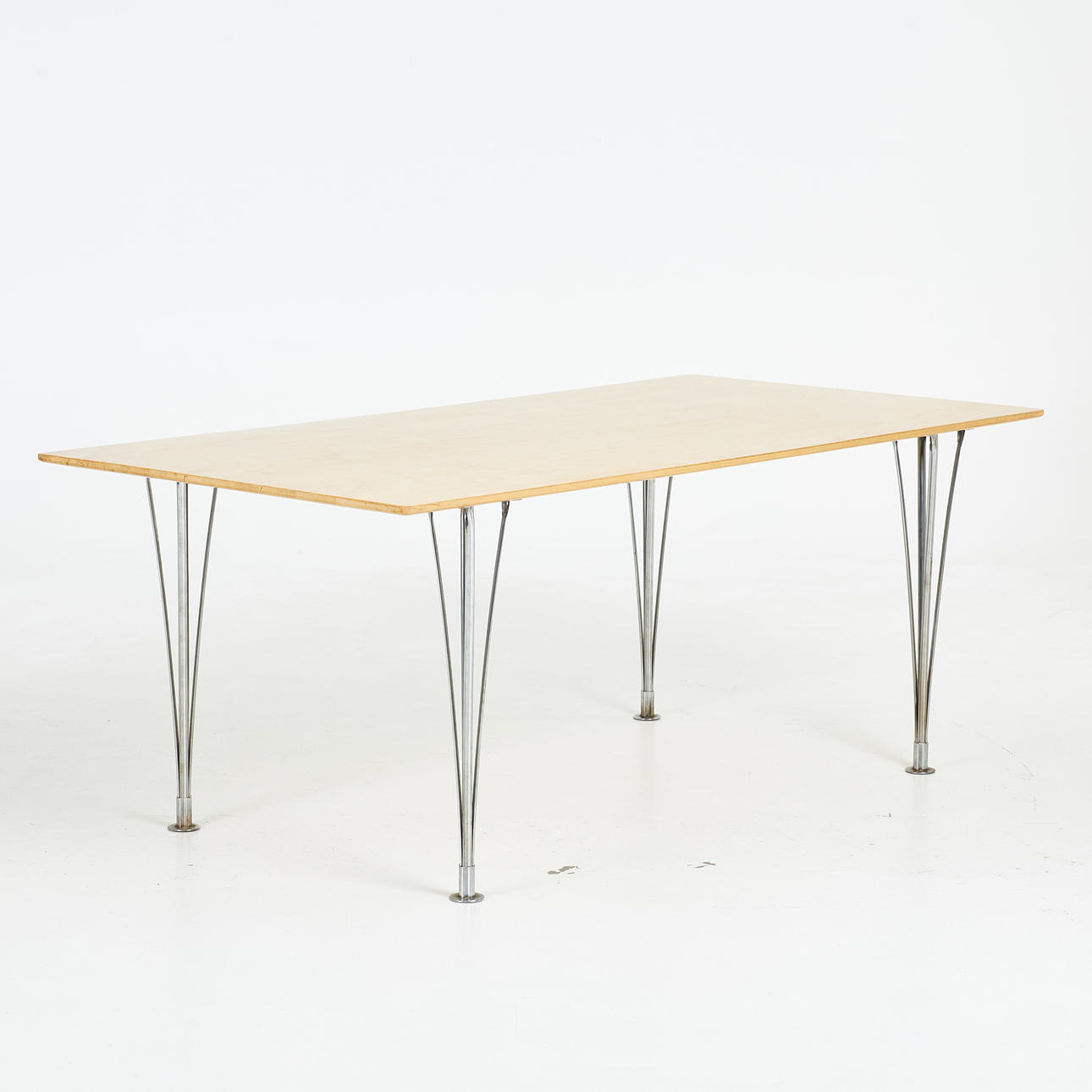 BRUNO MATHSSON. dining table, chromed legs, birch top, label Mathsson International.