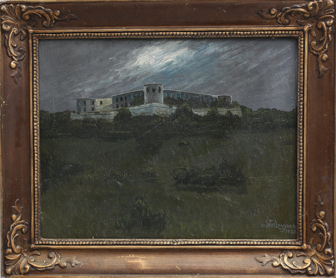 OIDENTIFIERAD KONSTNÄR. Borgholms slottsruin. Olja på duk, signerad O. Westergren och daterad 1928.
