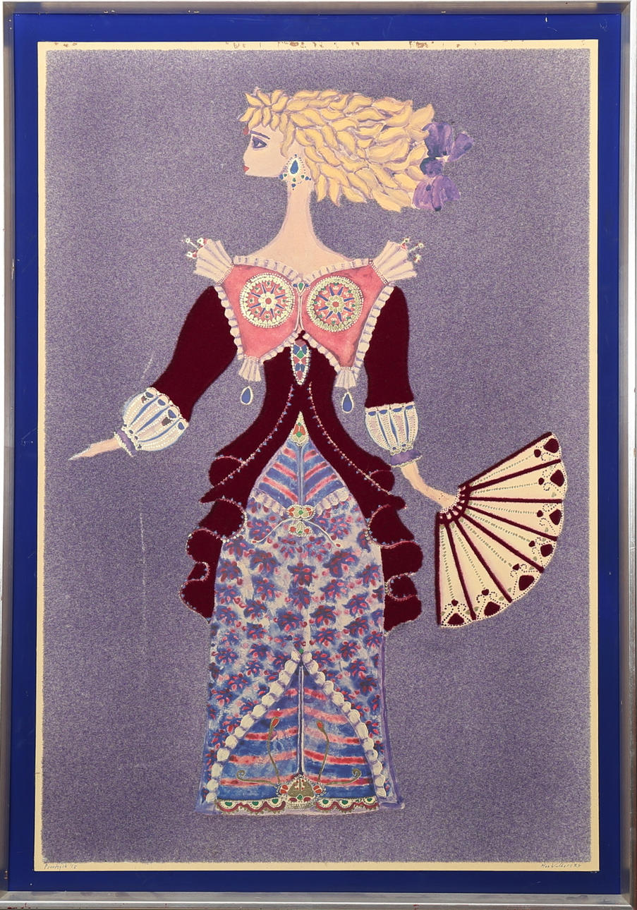 MAX WALTER SVANBERG. Imaginistisk kvinna, offsettryck med flockfärg, prägling, provtryck 1/5, signerad.