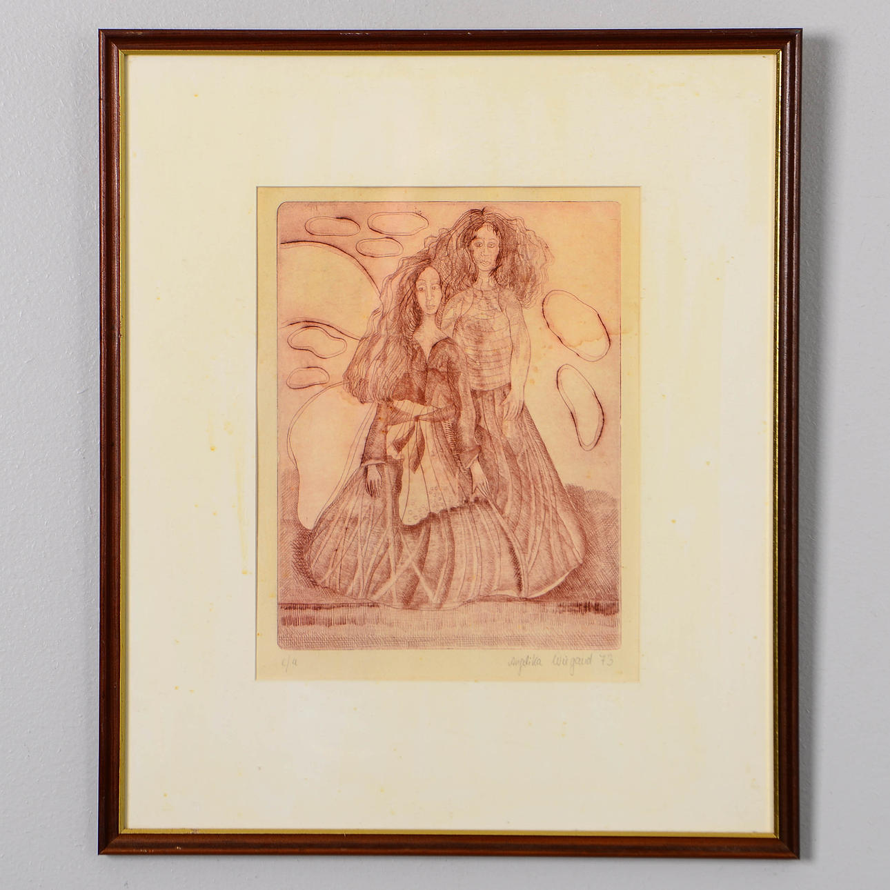 OIDENTIFIERAD KONSTNÄR. Two women, etching, signed, EA, Angelika.