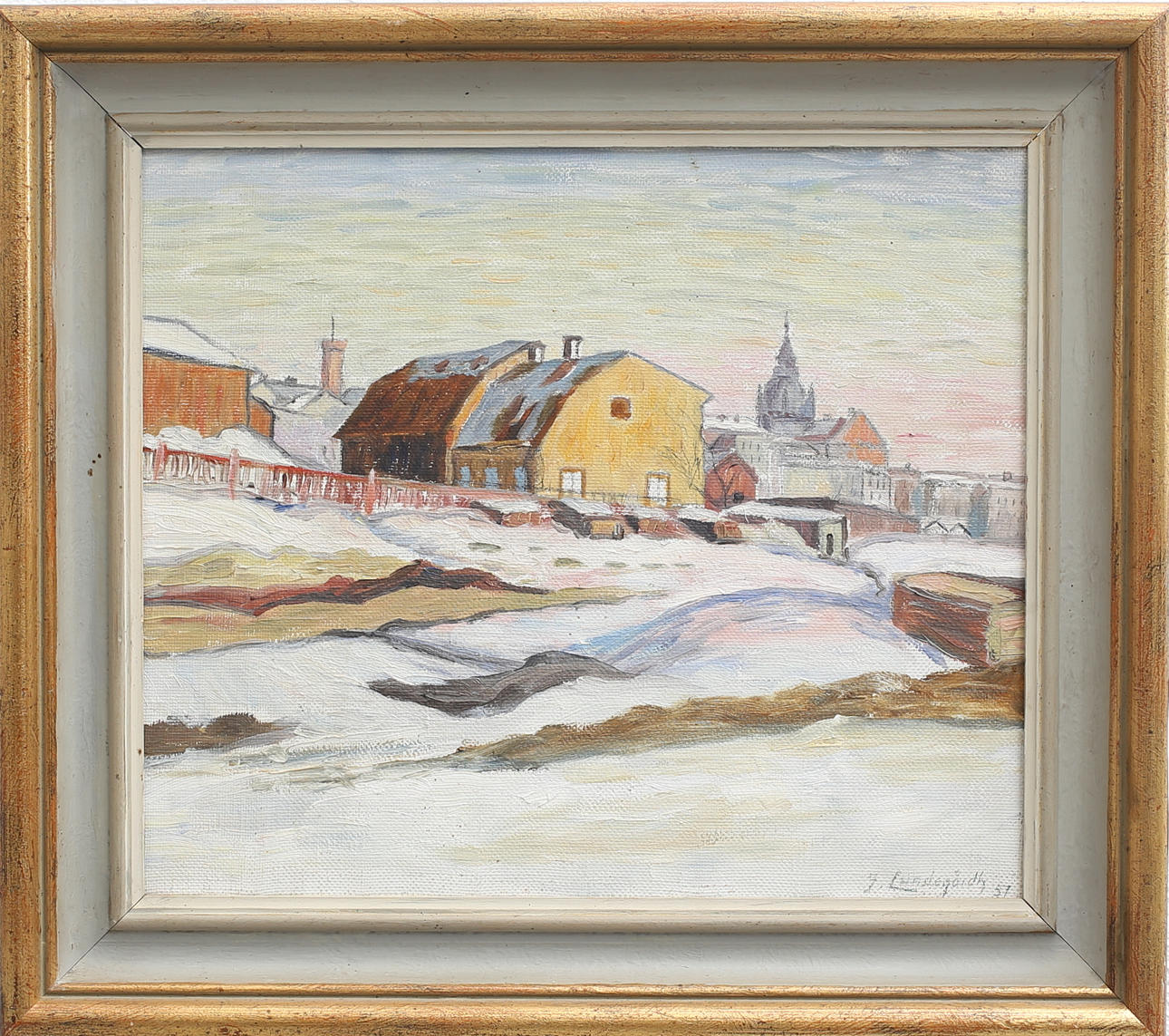 JOEL LUNDEGÅRDH. "Vintermorgon, motiv från Stockholm", Olja på duk, signerad och daterad 57.