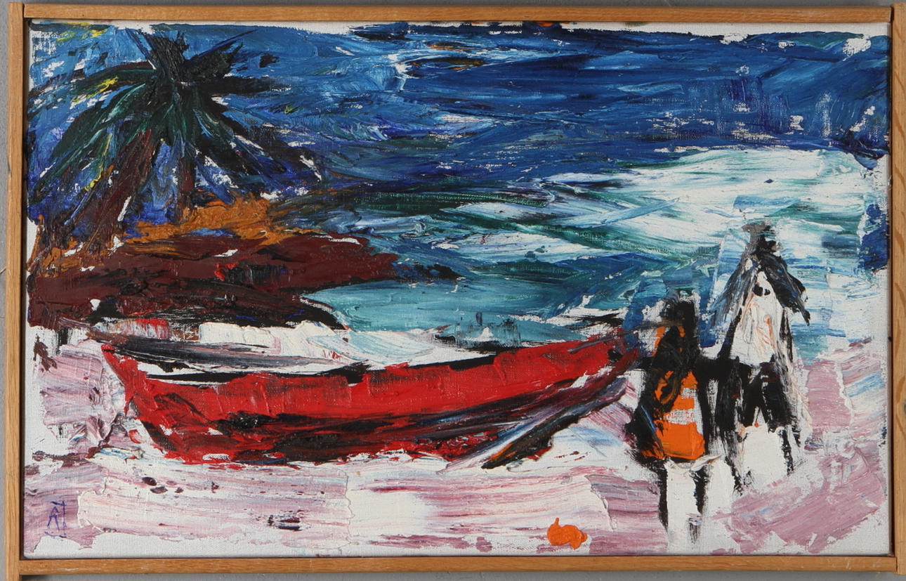 RAGNAR JOHANSSON. Strandmotiv med båt och palm, olja på duk, monogramsignerad.