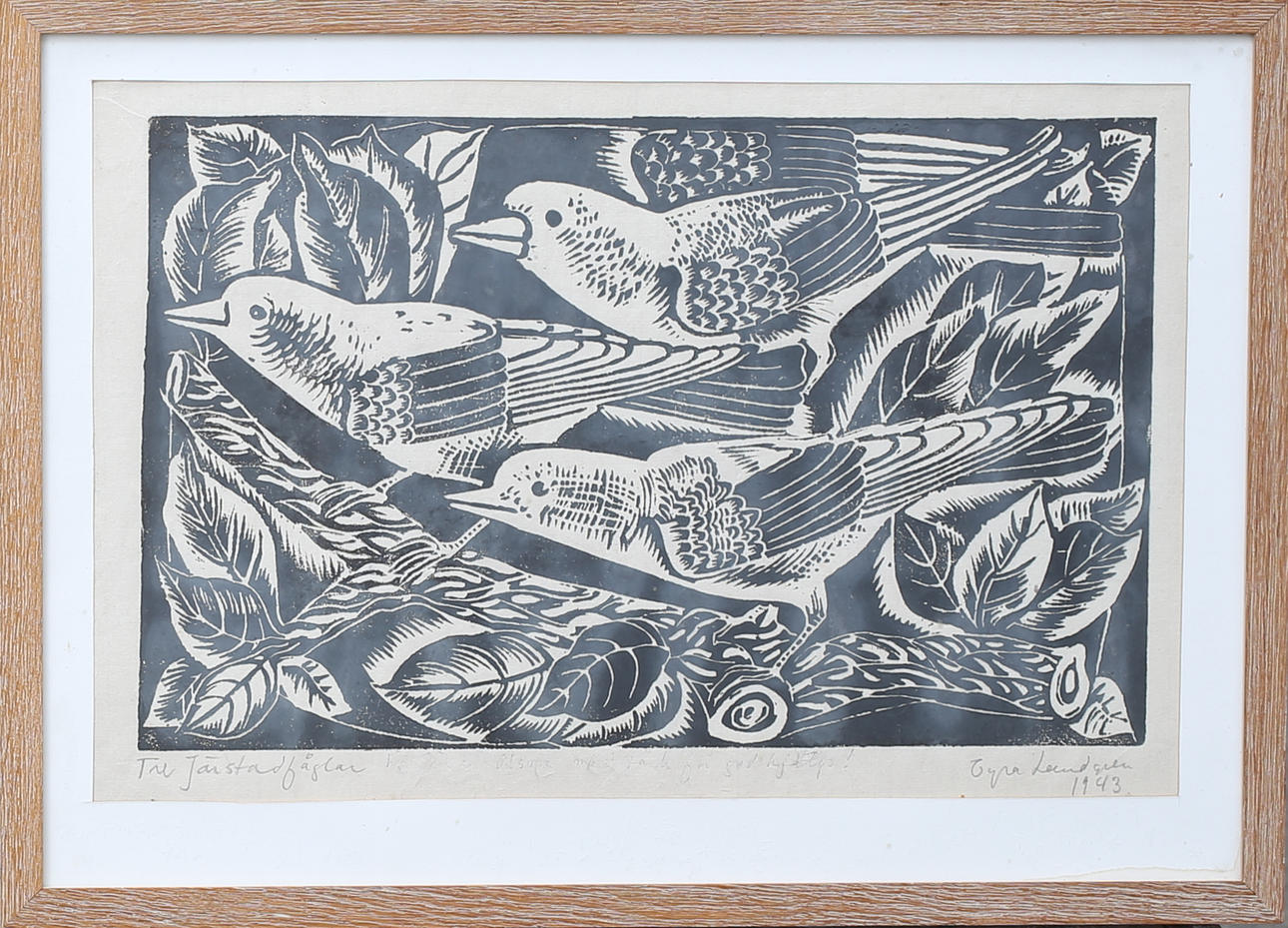 TYRA LUNDGREN. FÅGLAR, träsnitt, signerad och daterad 1943.