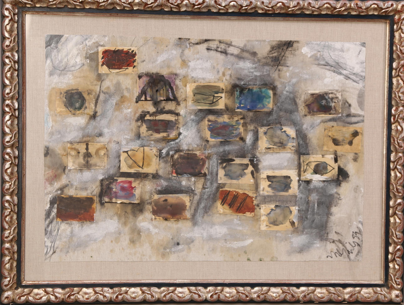 OIDENTIFIERAD KONSTNÄR. Abstrakt komposition, olja/akvarell duk, signerad och daterad -89.