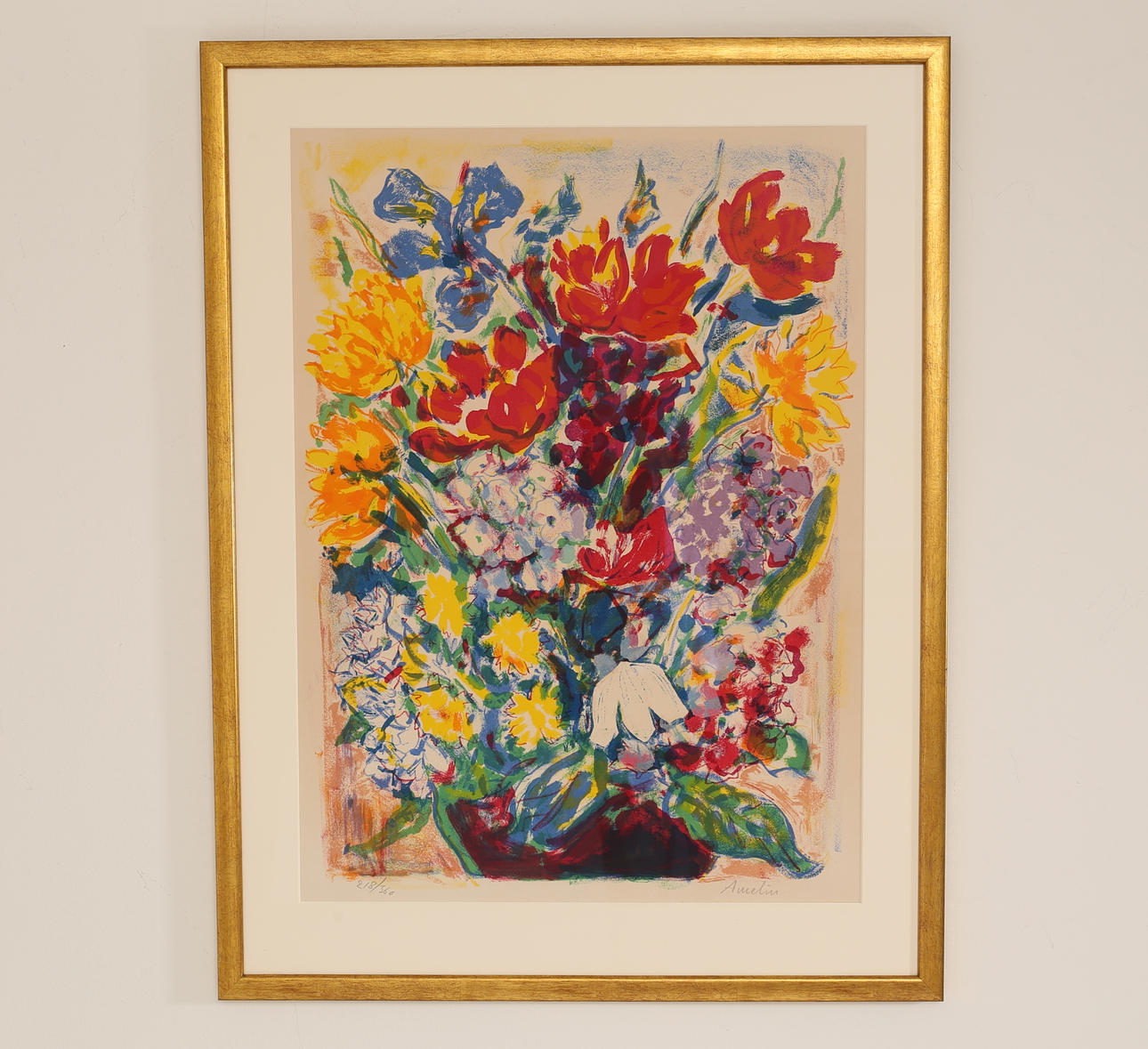ALBIN AMELIN. Färglitografi, Blomsterstilleben. signerad och numrerad 218/360.