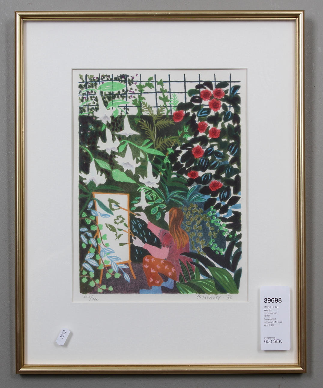 MONA HUSS WALIN. Konstnär vid stafflit. Färglitografi, signerad M Huss W-78.