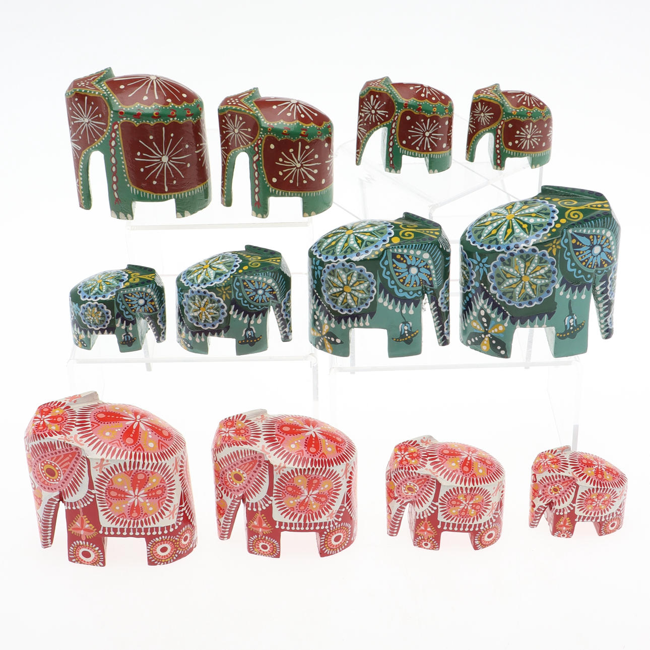 FIGURER, 12 stk, elefanter, malet træ.