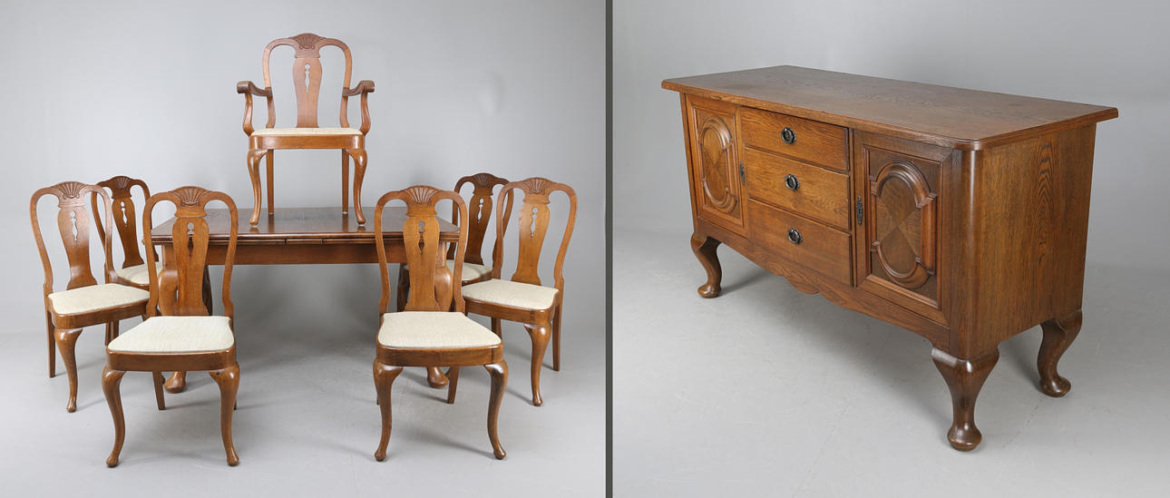 MATSALSMÖBEL, 9 delar, ek, rokokostil, tidigt 1900-tal.