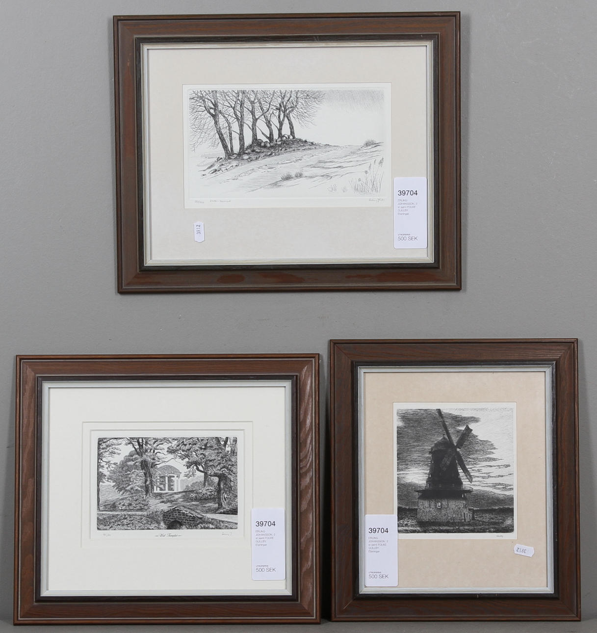 ERLING JOHANSSON, 2 st samt FOLKE GULLBY. Etsningar.