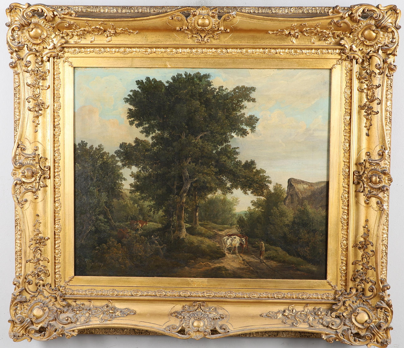 CIRCLE OF GEORGE BARRET JUNIOR (1767-1842). COUNTRY SCENE WITH FIGURES AND CATTLE BY A TRACK.